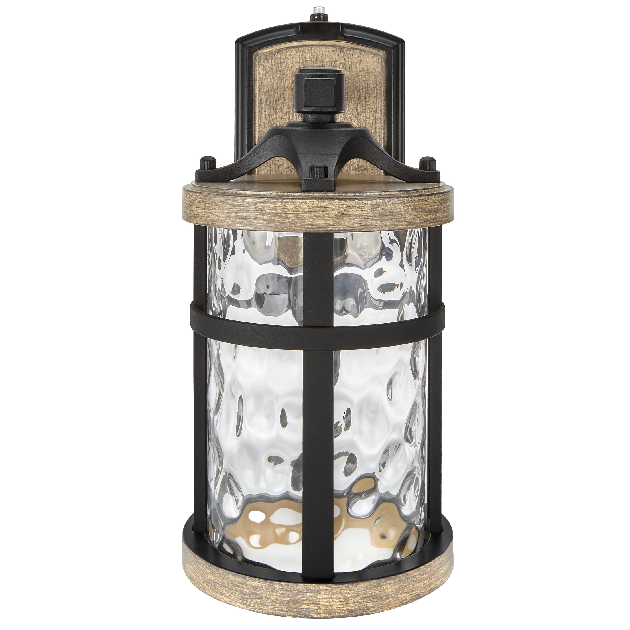 Maxxima LED Outdoor Wall Light, Black w/ Wood Grain Style Finish, Clear Hammered Glass, 800 Lumens, 3000K Warm White, Dusk to Dawn Sensor, Farmhouse Wall Mount Sconce, Rustic Coach Lantern