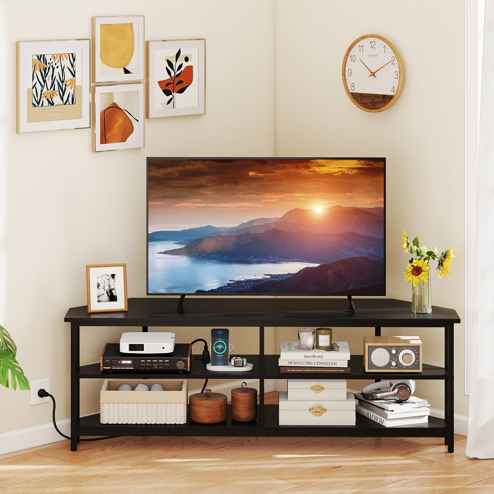 Giantex Nightcore Corner TV Stand, Entertainment Center for 65" TV, Console Table w/Metal Frame & AC Outlets, Media Console, Black