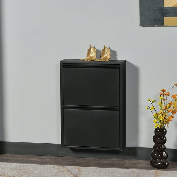 Flip Drawer Shoe Cabinet, Storage Organizer, Freestanding Shoe Rack, Wall Mounted No-Assembly (Black, 2 Drawer)