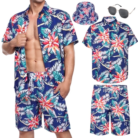 Alaiyaky Hawaiian Shirts for Men, Mens T Shirt and Short Bucket Hat Sunglasses Set Short Sleeve Tropical Summer Beach Vacation Fancy Costume Adult Outfit