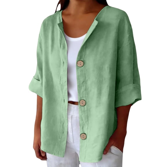 Outfmvch Women Linen Sets 2 Piece Outfits 3/4 Sleeve Tops Cotton Linen Tunic Tops Boho Summer Graphic Tees V Neck Button Tunic Tshirt Loose Vintage Shirts Short Sleeve Gauze Tops Green L