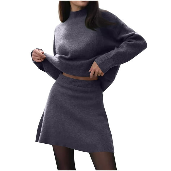 Roncen Women's Autumn Winter Knit Sweater Set - High Neck Loose Fit Knit Top with A-Line Skirt, Soft Wool Blend Fabric Casual Comfortable Outfit Cozy Warm Two-Piece Set for Office Daily Wear