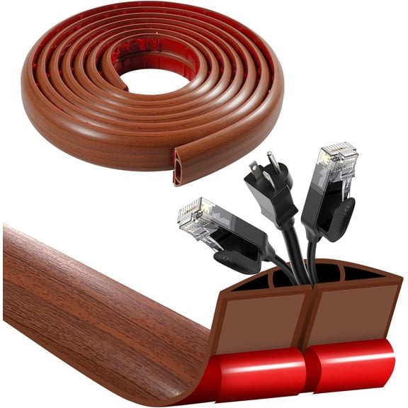 10ft Self-Adhesive Floor Cord Cover (Walnut Wood Grain Heavy-Duty Cable Protector) - Floor Wire Hider with 0.61"x0.32" Cable Cavity for Cord Management