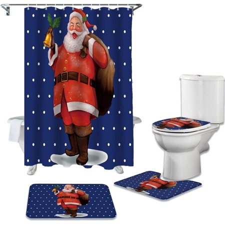 ZHANZZK Holiday Christmas Santa Claus 4 Piece Bathroom Set Shower Curtain Bath Rug Contour Mat and Toilet Lid Cover