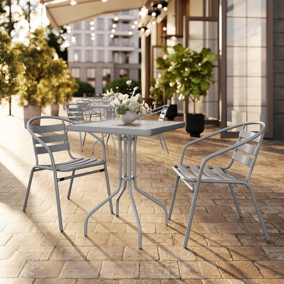 Flash Furniture 23.5'' Square Glass Top Metal Table with 2 Silver Aluminum Slat Stack Chairs