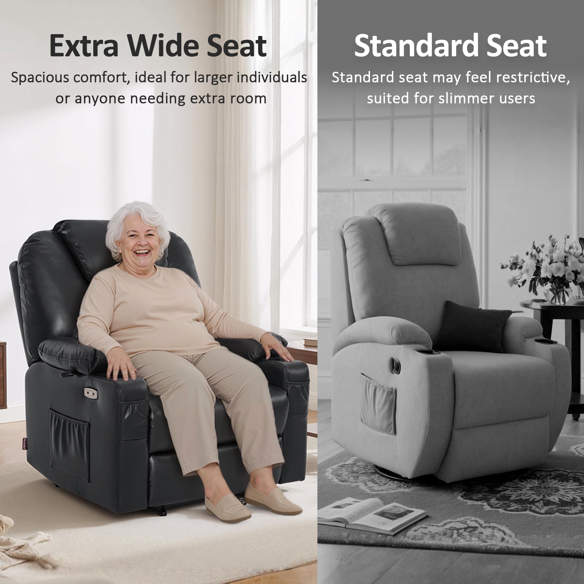 MCombo Medium-Wide Power Lift Recliner Chair Sofa with Massage and Heat for Elderly People, Cup Holders, USB&Type C Ports, Side Pockets, Faux Leather (Black, Medium-Wide)