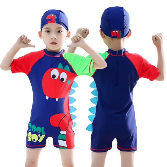 LYMAYTER Little Boys Cartoons Swimsuits Outfit One Piece Short Sleeve hats 2 PCS Sets Bathing Suit for Kids Toddler Swimming Swimwear 2-15 Years