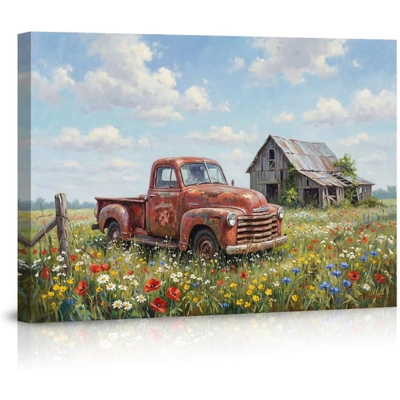 Rustic Vintage Truck Wall Art Canvas Prints Farmhouse Countryside Decor Wildflower Field and Old Barn Poster Artwork Home Decor for Bedroom Living Room--