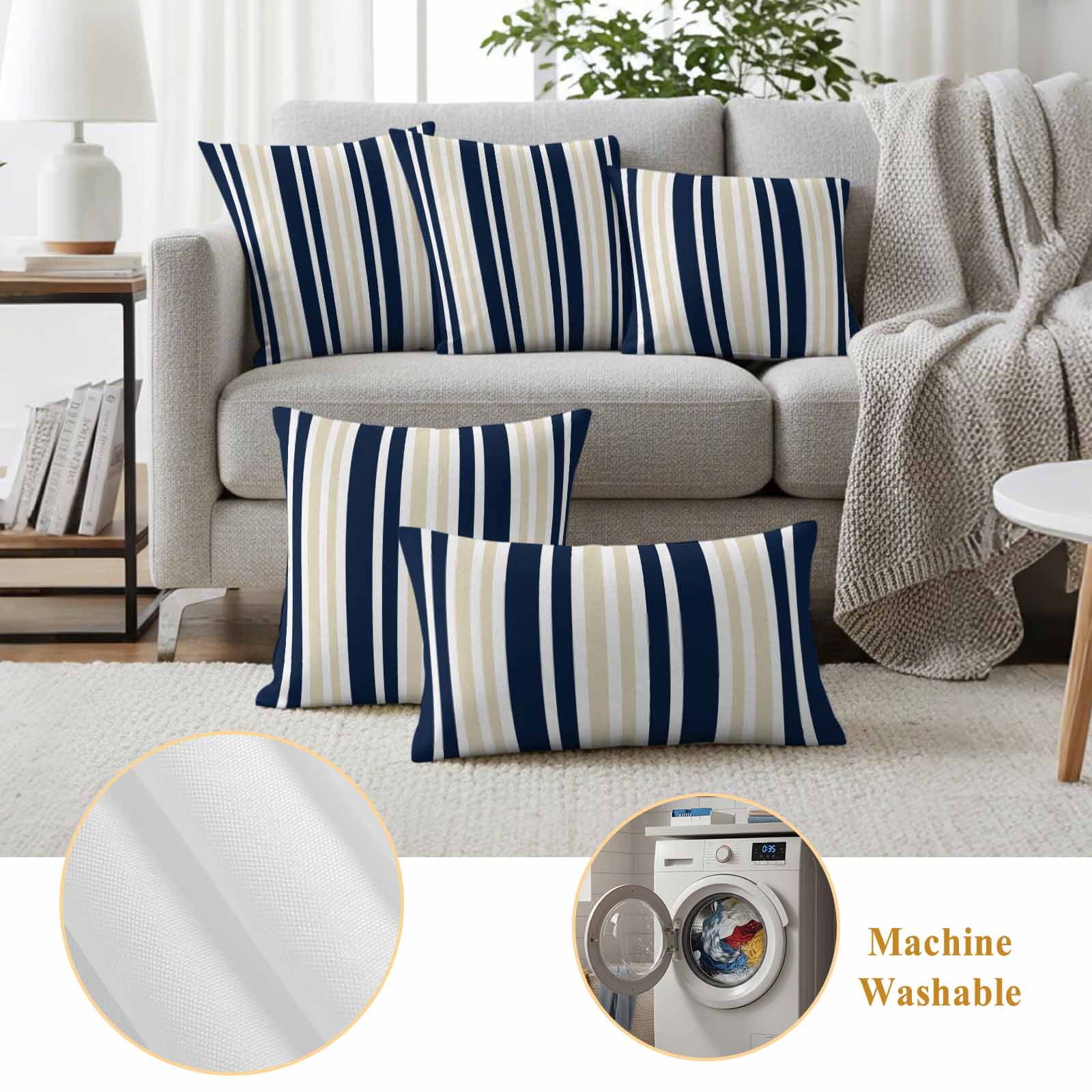 Navy Blue Khaki Striped Outdoor Waterproof Pillow Covers, Modern Minimalist Ombre Lines Decorative Square Throw Pillowcase Sofa Cushion Sham for Patio/Couch/Chair, 20"x20" 2 Pack