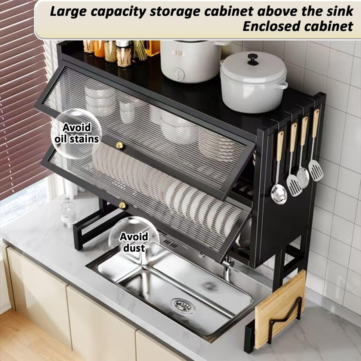 4-Tier Over the Sink Dish Drying Rack with Cover, 33.5" Large Dish Rack with Storage Basket, Knife & Cutting Board Holders