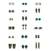 No Boundaries Turquoise and Brushed Silver Boho Stud Earrings, 18 Pack