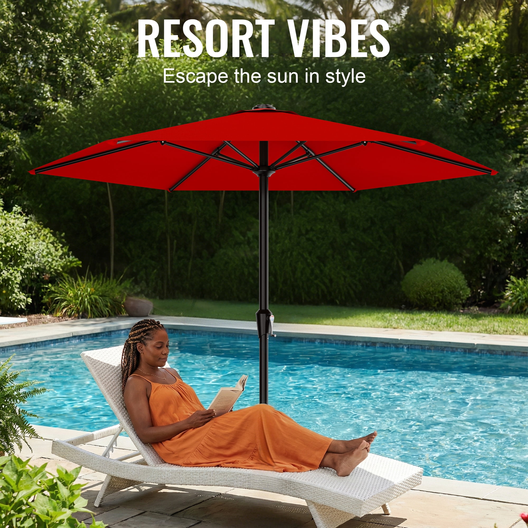 Easthome 9ft Patio Umbrella with Crank Lift System & 6 Sturdy Ribs Waterproof, Patio Table Umbrella Perfect for Poolside, Terrace, Beach and Outdoor Restaurant, Red