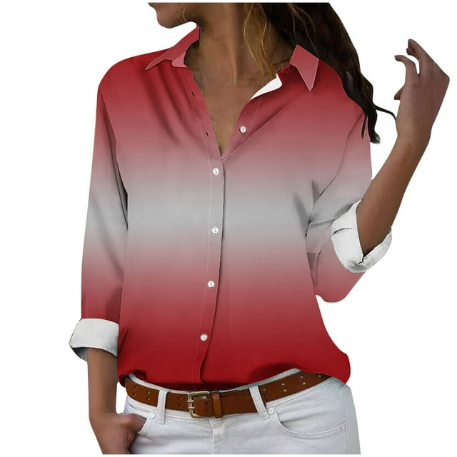 HKEJIAOI Chemises à Boutons Dégradés pour Femmes Manches Longues Col Rabattu Blouses Haut Tendance Tenue de Bureau, F-Rouge TG