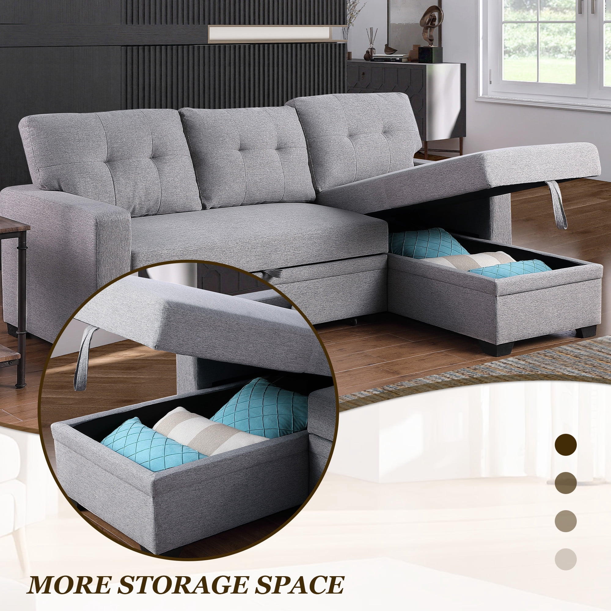 MOONMISS Sectional Sofa Bed with Storage and Soft Seat ,Reversible Pull Out Couch for Living Room,Light Gray