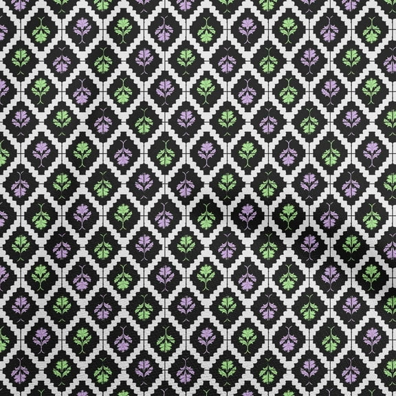 oneOone Polyester Spandex Sea Green Fabric Asian Tile Traditional Floral Sewing Material Print Fabric By The Yard 56 Inch Wide