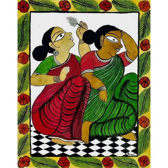 Two Woman, Kalighat Style Painting, Hand Painted, Watercolour on Paper. Wall Décor, Home Décor, Wall Art, Collectible