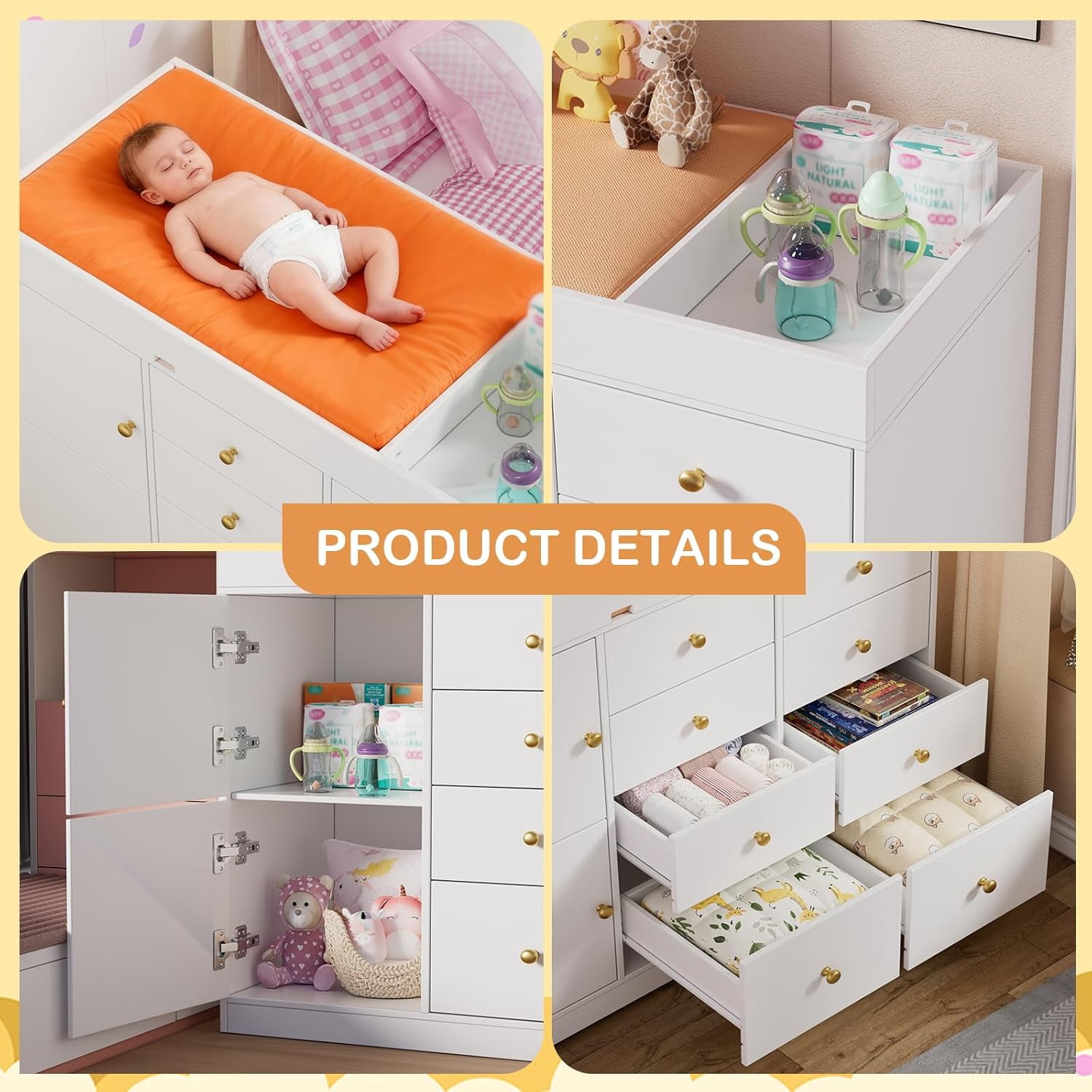 PAKASEPT 43.3" W Changing Table Dresser with Changing Table Top, Baby Nursery Dresser with 8 Drawers and 2 Cabinet, Diaper Changing Station