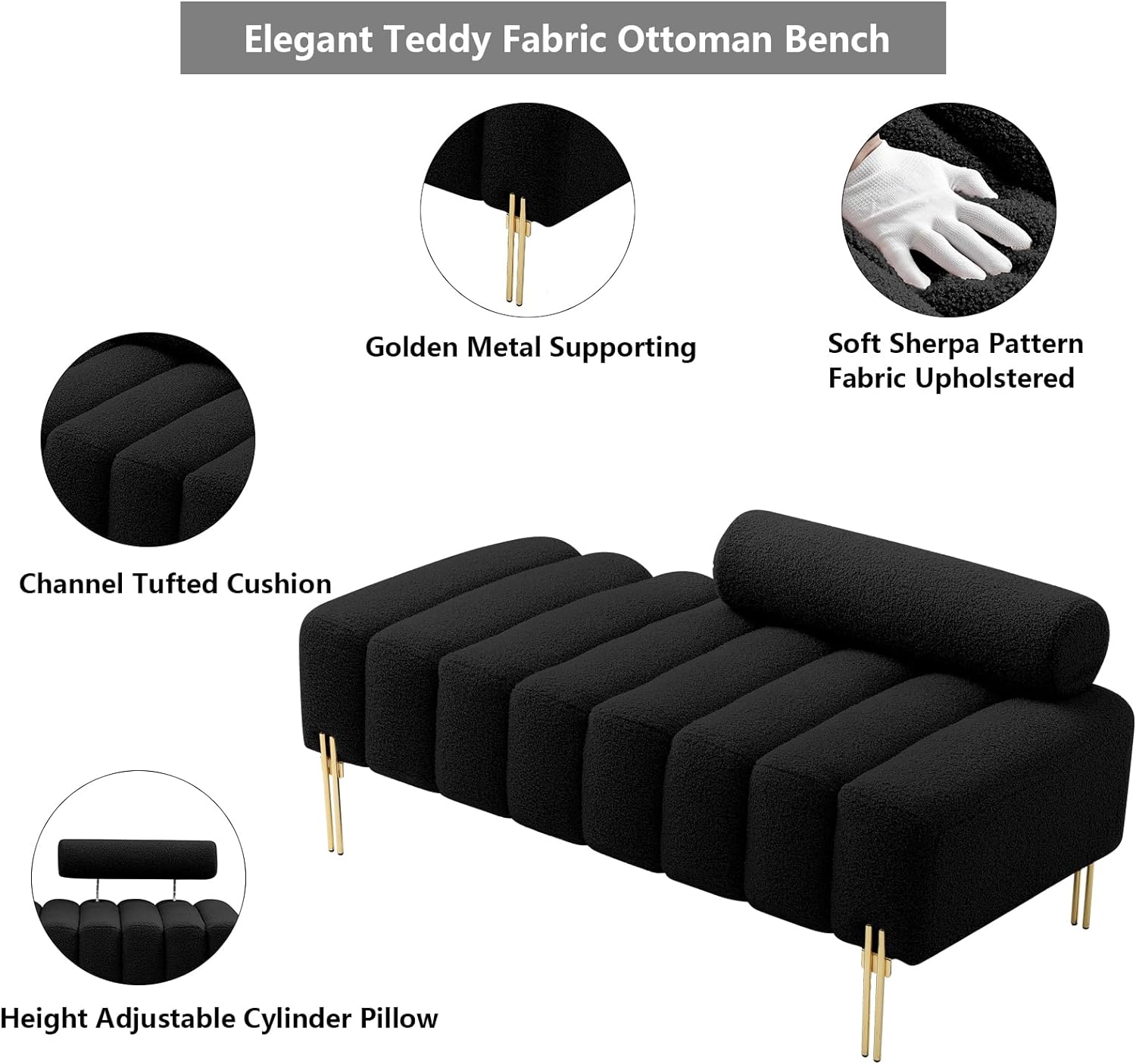 Miniyam Sherpa Bedroom Bench with Adjustable Backrest and Gold Metal Legs, Black