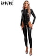 thumbnail image 2 of Mono de charol con abertura en la entrepierna para mujer, mono de charol con cremallera y cuello levantado, Catsuit sin entrepierna, aspecto húmedo, mono de látex de manga larga, 2 of 5