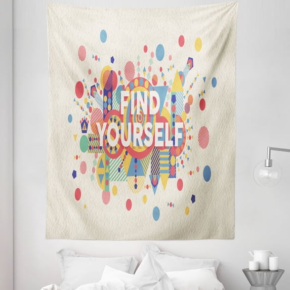 Colorful Tapestry, Find Yourself Colorful Typographical Poster Style Inspirational Words Print, Fabric Wall Hanging Decor for Bedroom Living Room Dorm, 5 Sizes, Yellow Blue and Red, by Ambesonne