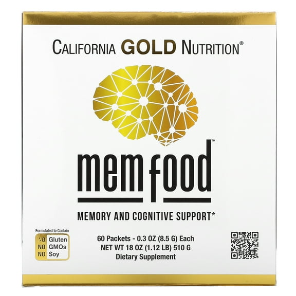 California Gold Nutrition MEM Food, Memory & Cognitive Support with MEM Blend, L-Serine, Organic Lion's Mane and Blueberry Juice Powder, 60 Packets, 0.3 oz (8.5 g) Each