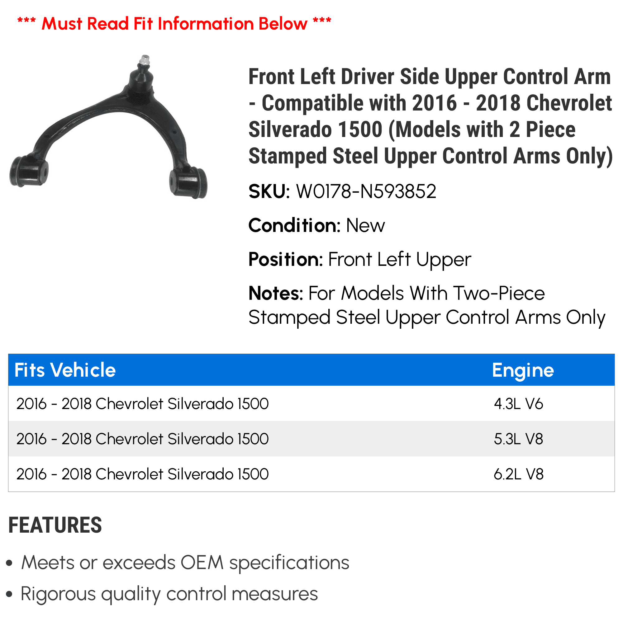 Front Left Driver Side Upper Control Arm - Compatible with 2016 - 2018 Chevy Silverado 1500 (Models with 2 Piece Stamped Steel Upper Control Arms Only) 2017