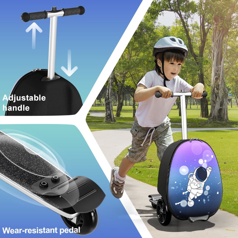 Datingday 2-in-1 Kids Scooter Luggage with LED Light-Up Wheels | Adjustable Handle | Airplane Approved Carry-On for Ages 5-12 | Foldable & Lightweight Travel Suitcase，Blue
