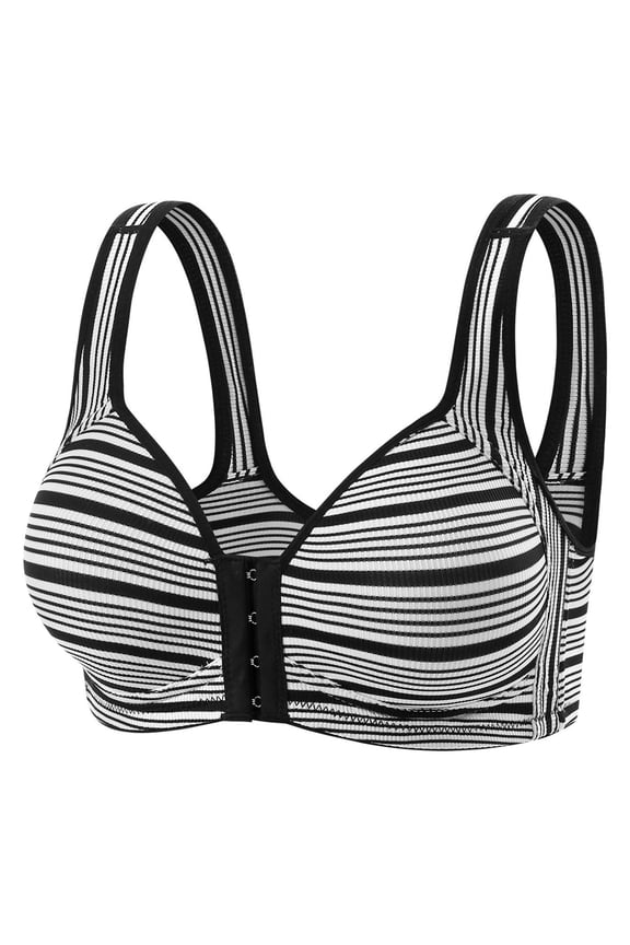 Womens Casual Bra Front Closure Push Up Lightly Lined Supportive Wireless Bralette Striped Seamless Full Coverage Soft Daily Wear Bra 32A, Black