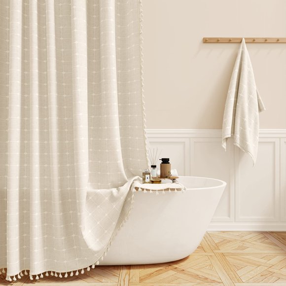Extra Long Shower Curtain - 72x96 Inch Long Boho Farmhouse Chic Linen Fabric Heavy Duty Shower Curtain Set with Plastic Hooks, Tall Aesthetic Cute Tassel Shower Curtains for Bathroom, Cream/Beige