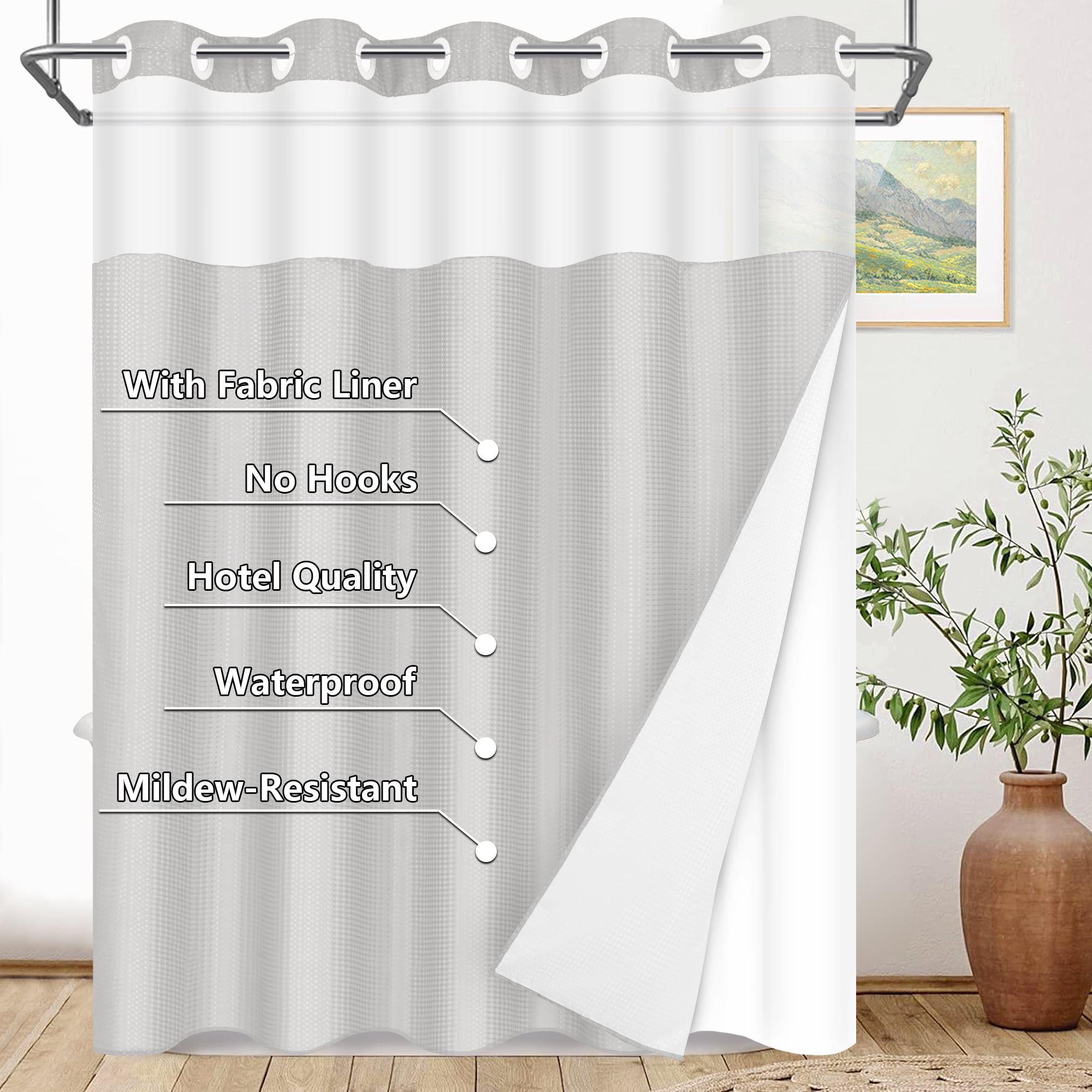 Ikfashoni Light Gray Hookless Shower Curtain with Snap in Liner,Waffle Weave Waterproof Fabric Mesh Window Bathroom Curtain,72"X74"