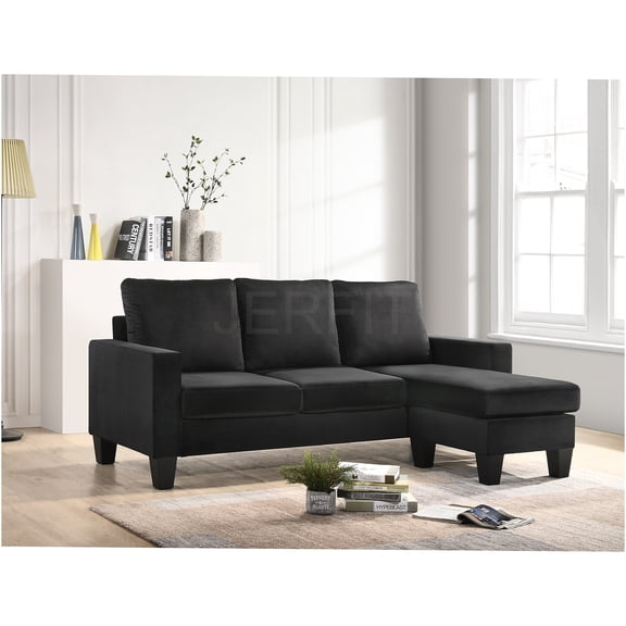 JERFIT Modern Velvet Reversible Chaise Sectional Sofa Couch for Small Spaces, Apartment Living Room, Black