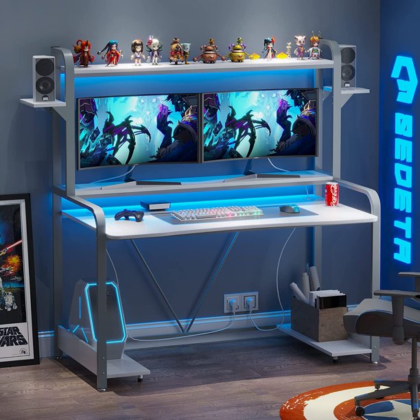 Sedeta Gaming Desk with Hutch Storage Shelf, Gamer Computer Table,White