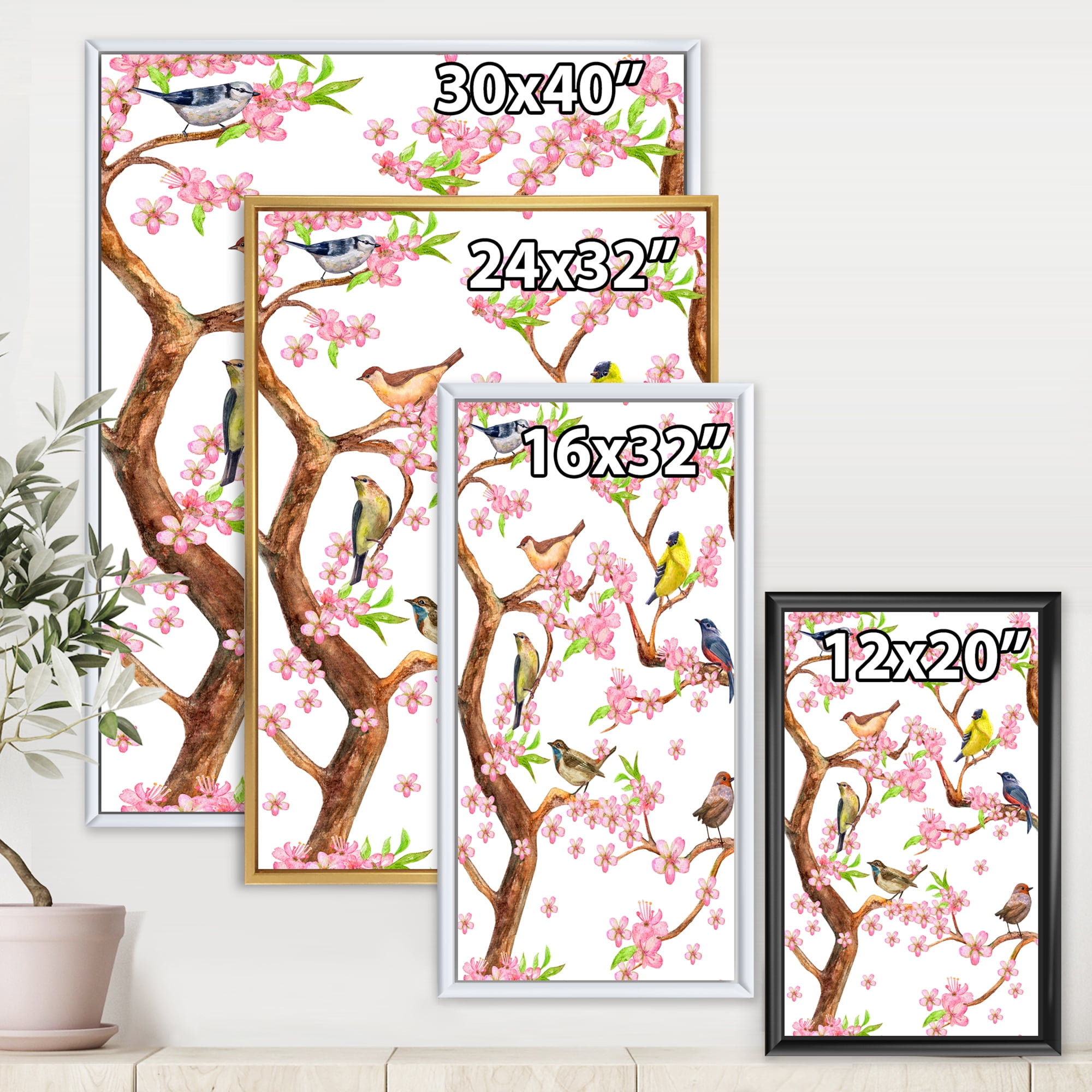 Designart 'Colorful Little Birds On Spring Flowers Tree' Traditional Framed Canvas Wall Art Print