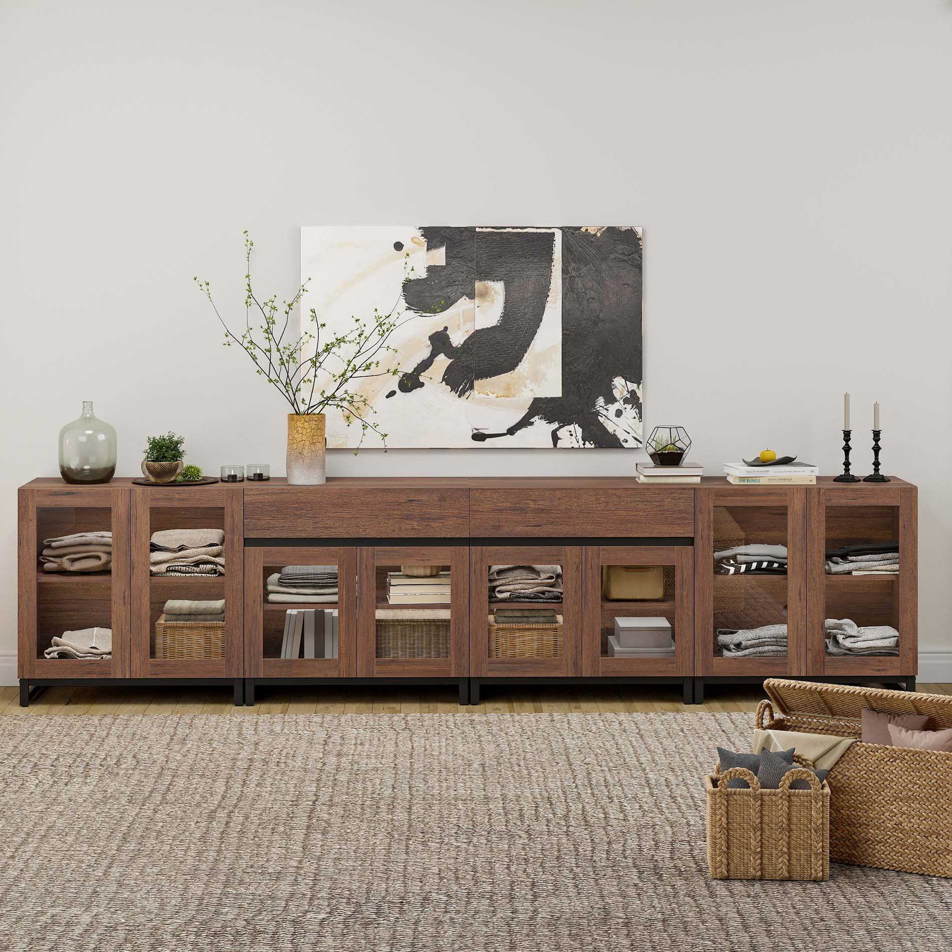 Home Bedroom Storage Cabinet, 4 In 1 Multifunctional Dresser with Glass Doors, 2 Drawers and Adjustable Shelf, Versatile Closet Organizer,Brown