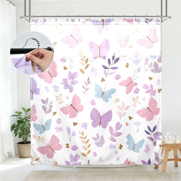 BZSMCE Butterflies Flowers Leaf Pattern Pattern Bathroom Shower Curtain Set with Hooks Waterproof Double Layer Fabric 72×78 Inch