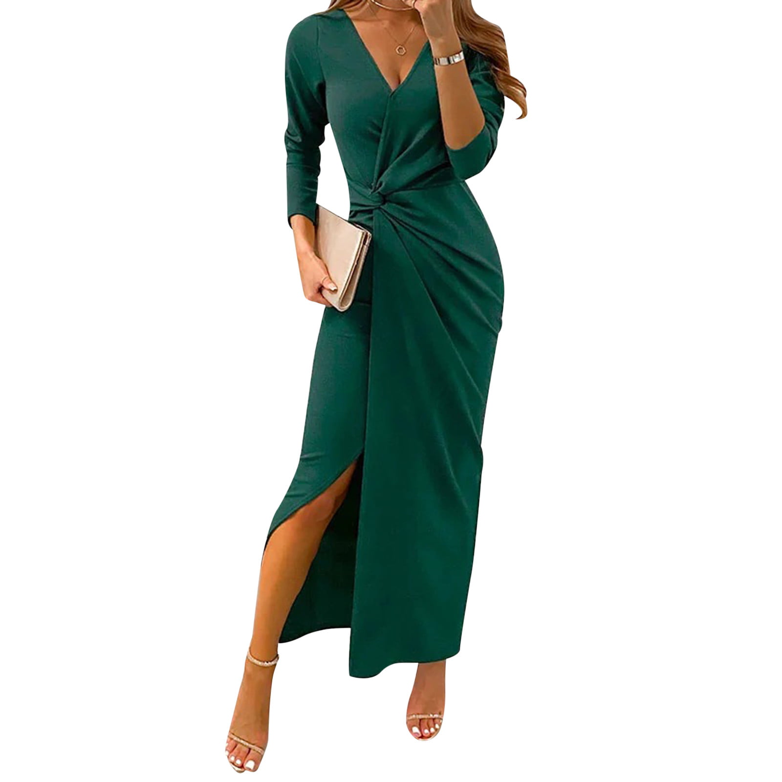 LowProfile Wedding Guest Dresses for Women 2023 Winter Fall Long Sleeve V- Neck Floral Midi Summer Beach Ruffle Holiday Sun Fashion Cocktail Dress  Green L 