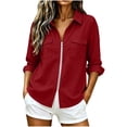 thumbnail image 3 of Women's Shirt Solid Long Sleeve Zipper Blouse Roll Up V Neck Collared Casual Tops with Pocket Vacation Wear Business Outfits, 3 of 8