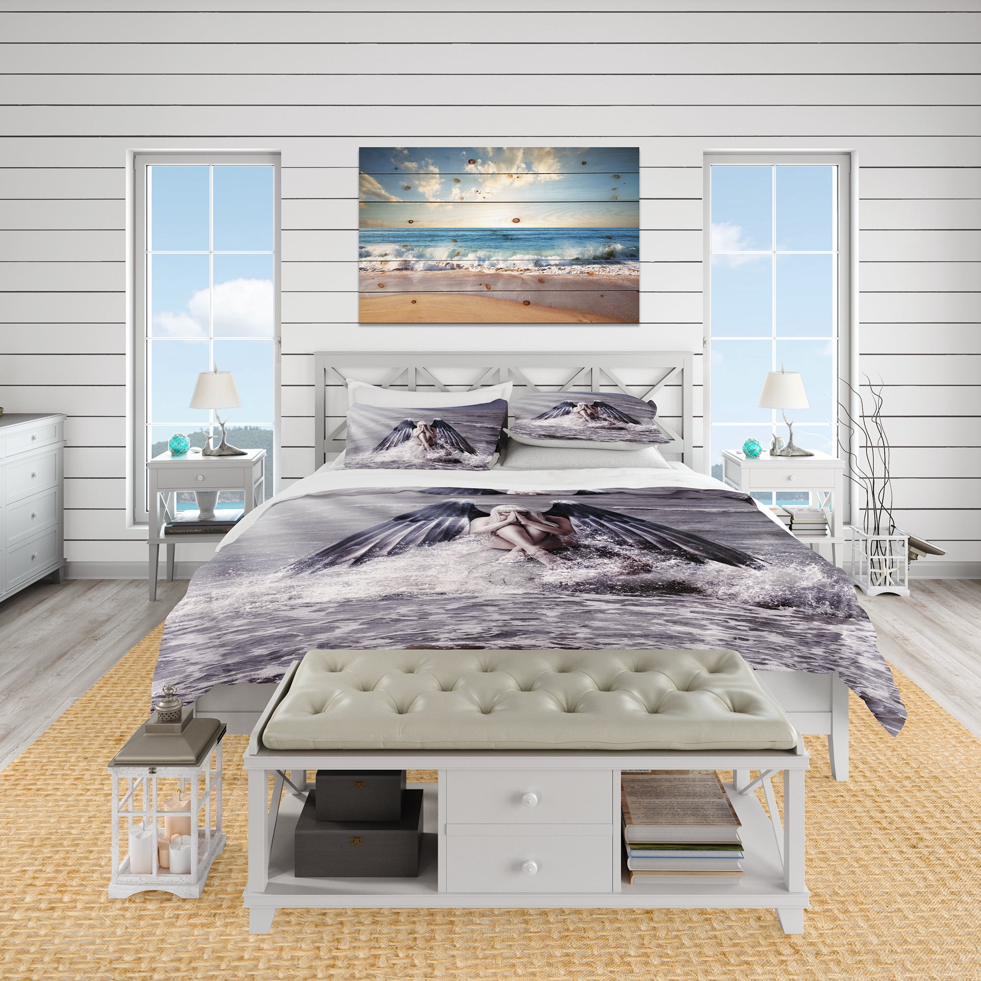 Designart 'Woman with Dark Angel Wings' Beach Duvet Cover Set