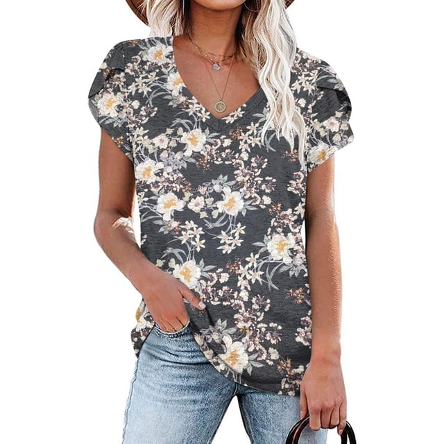 ICHUANYI Clearance Fashion Women's Summer V-Neck Short Sleeve Print Casual T-shirt Blouse(Gray, S) ICHUANYI WER2023081206520