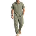 thumbnail image 2 of Awwp Men's Linen 2 Piece Outfits Short Sleeve Shirts & Long Pants Set Casual Loose Summer Matching Vacation Suit Army Green Size: 2Xl, 2 of 7
