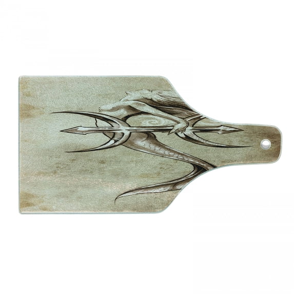Mermaid Cutting Board, Vintage Girl in the Sea an Anchor Mythical Aquatic Creature Graphic Art, Decorative Tempered Glass Cutting and Serving Board, Wine Bottle Shape, Beige Brown, by Ambesonne