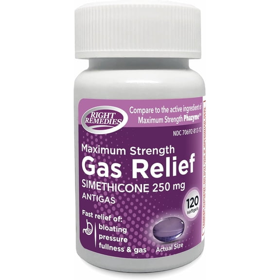RIGHT REMEDIES Gas Relief Maximum Strength, Simethicone 250 mg, (120 Softgels), Fast Relief from Gas, Bloating, Fullness, Painful Discomfort, Compare to Maximum Strength Phazyme Active Ingredient