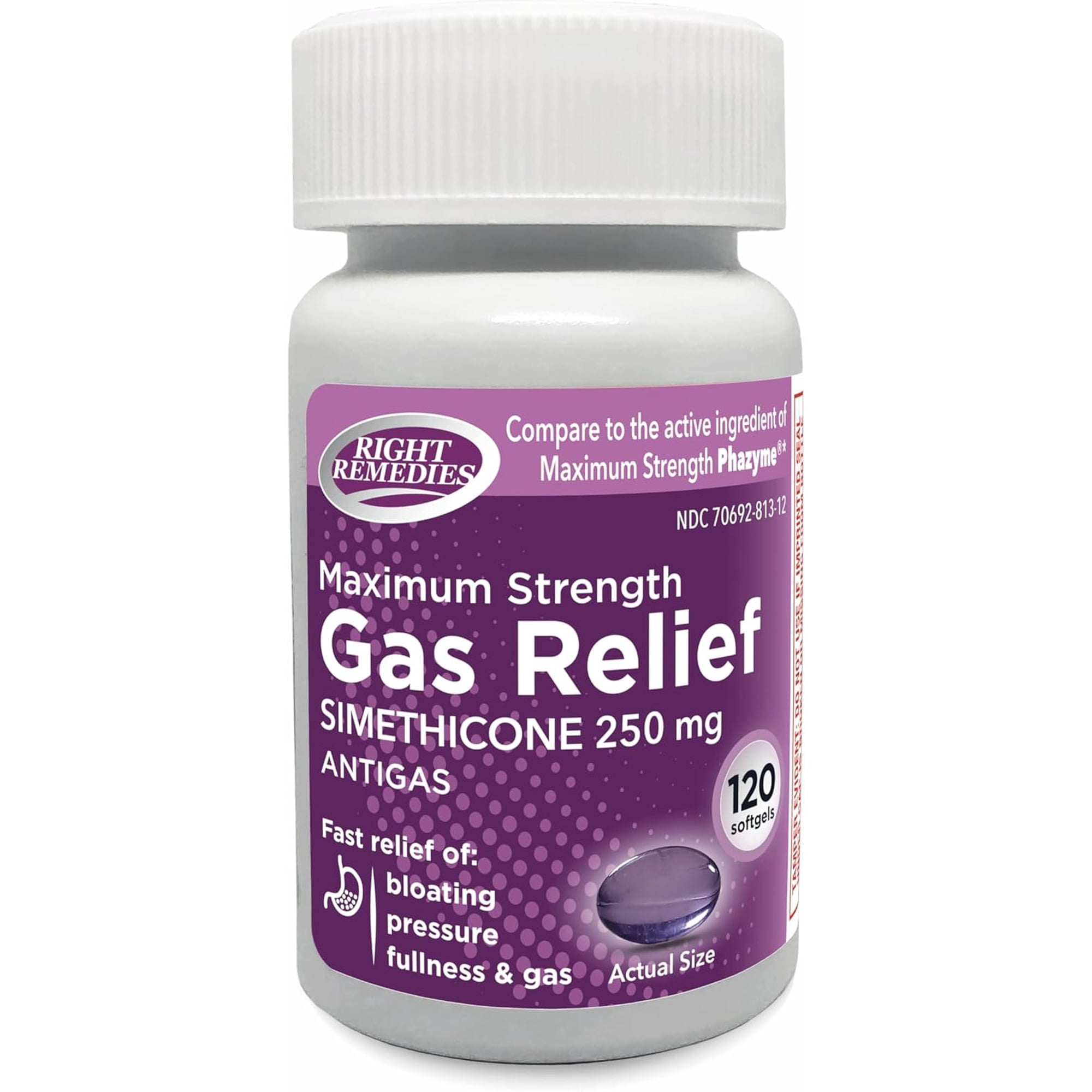 RIGHT REMEDIES Gas Relief Maximum Strength, Simethicone 250 mg, (120 Softgels), Fast Relief from Gas, Bloating, Fullness, Painful Discomfort, Compare to Maximum Strength Phazyme Active Ingredient