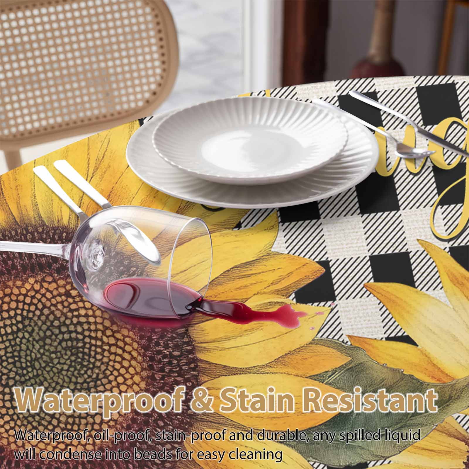 Round Tablecloth Butterfly Sunflower Waterproof Oil Proof Polyester Table Cloth Cover Decor for Home Dining Outdoor,Patio,Parties, 54" Dia. Live Love Laugh Black Plaid