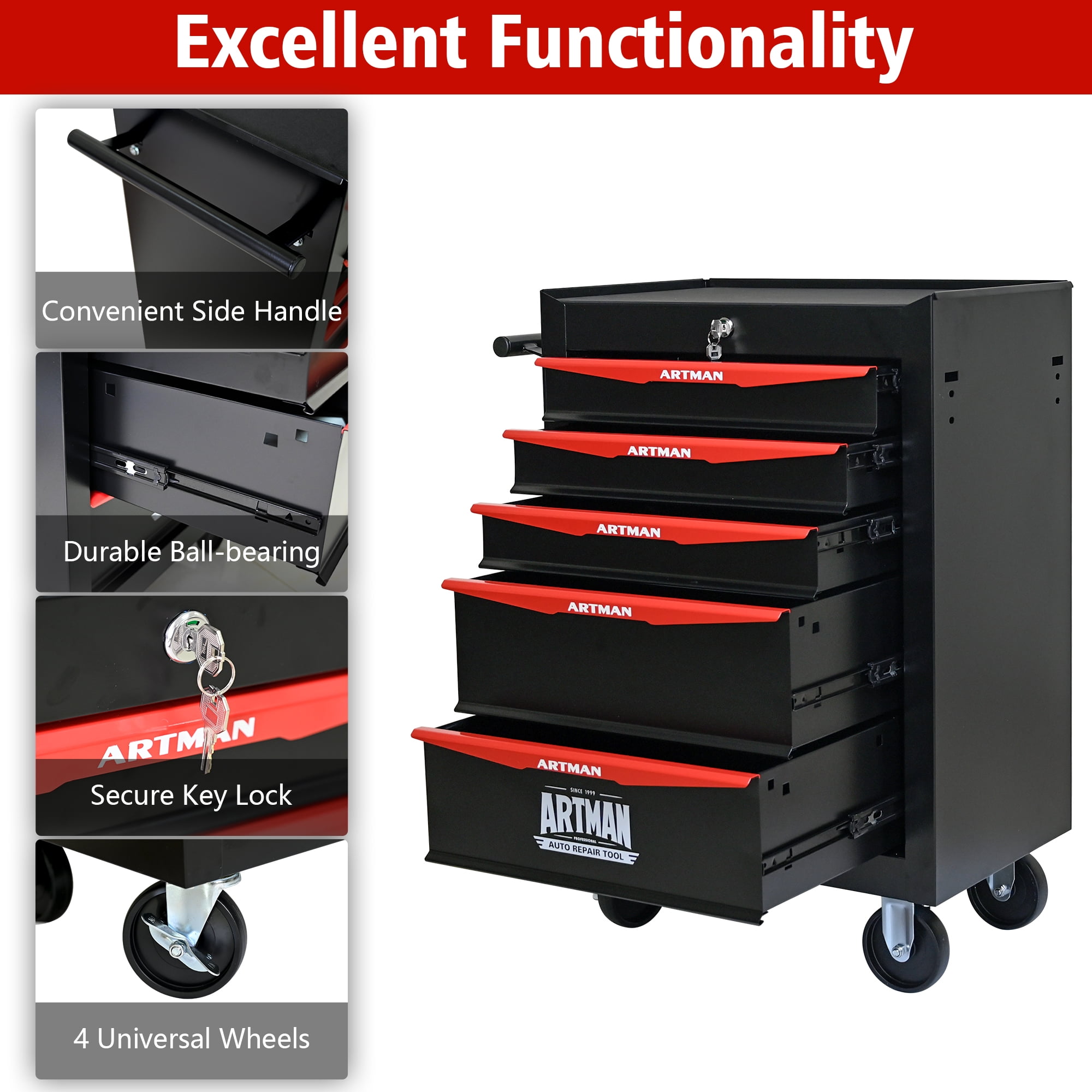 ARTMAN 20" 5-Drawer Rolling Metal Tool Chest Cabinet,Steel Tool Storage Box Organizer for Garage Workshop Warehouse