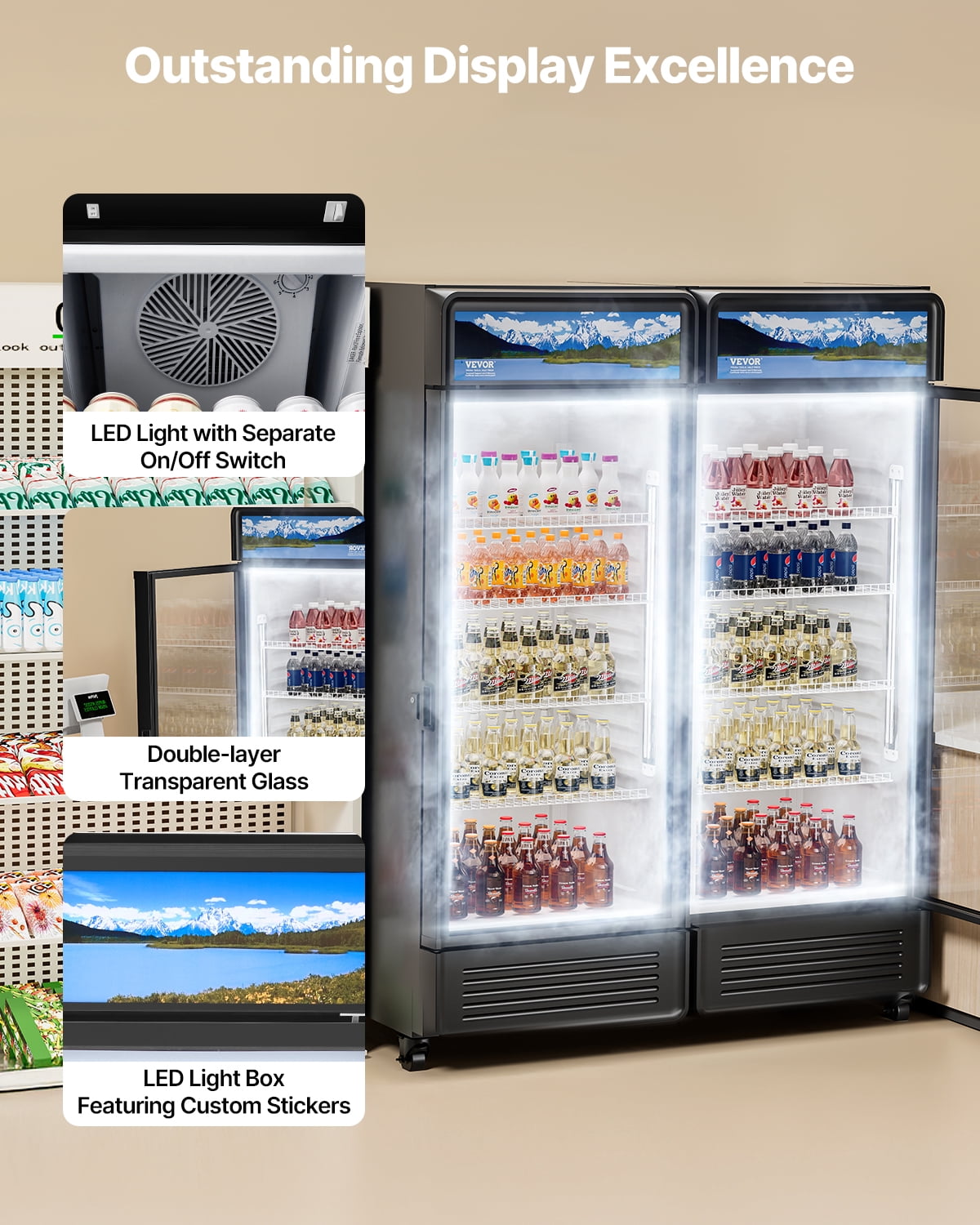VEVOR Commercial Merchandiser Refrigerator, 9.7 CU.FT Glass Door Display Refrigerator, Beverage Refrigerator Cooler Merchandiser with Adjustable Shelves, Soft LED Light,Customizable Lightbox,Black