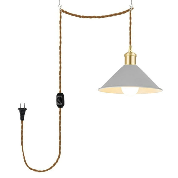 KAYYELAMP 15ft Plug in Dimmable Cord Hanging Light Brass Base Grey Metal Shade Classic Style Pendant for Farmhouse Home Store(No Bulb)
