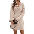 thumbnail image 2 of Women'S V Neck Scale Pattern Knit A Line Long Sleeve Dress Sweater Dress Khaki M, 2 of 10