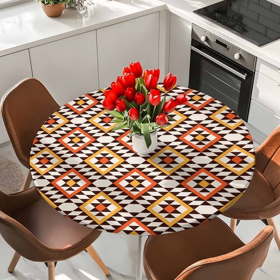 Orange Vintage Tribal Ethnic Elastic Fitted Round Tablecloth Abstract Geometric Waterproof Outdoor Table Cover for Holiday Party, Picnic, Patio & Dining Fits Tables Up to 36"-44"
