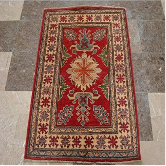 Ahmedani Linen Kazak Super Geometric Veg Dyed Mahal Rectangle Indoor Living Room or Bedroom Area Rug Hand Knotted Carpet (3.9 x 2.10)'